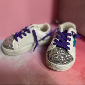 Kids White Sneakers with Silver Glitter Toe and Purple Laces